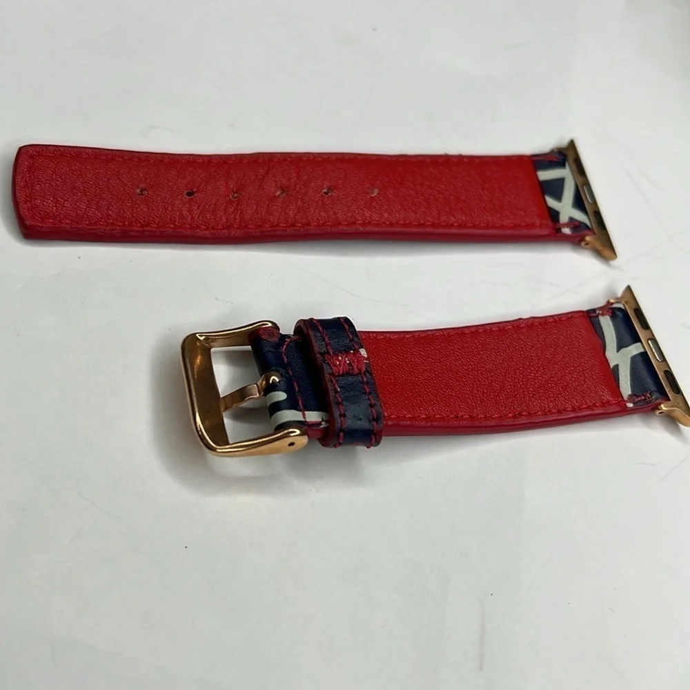 Big A Customs Logo Leather Blue Red White Apple Watch Band Rose Gold Hardware